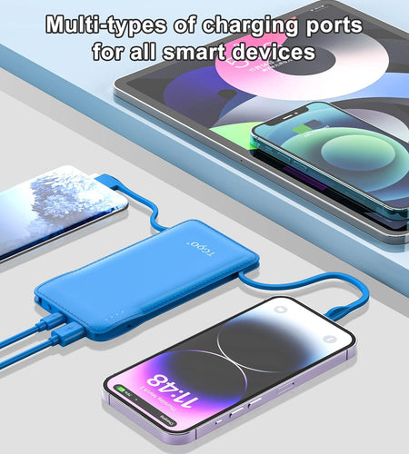 10000Mah Power Bank Portable Charger with Built-In Cables, Portable Phone Charger Battery Backup Compatible with Iphone Android Phones
