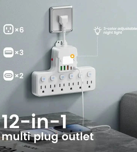 12-in-1 Adjustable Desk Lamp Power Strip – 6 AC Outlets, 3 USB-A & 2 Type-C Ports, Surge Protection