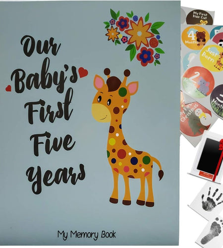 First 5 Years Baby Memory Book Journal Scrapbook 48 Pack Monthly Milestones Stickers & Clean-Touch Baby Safe Ink Pad