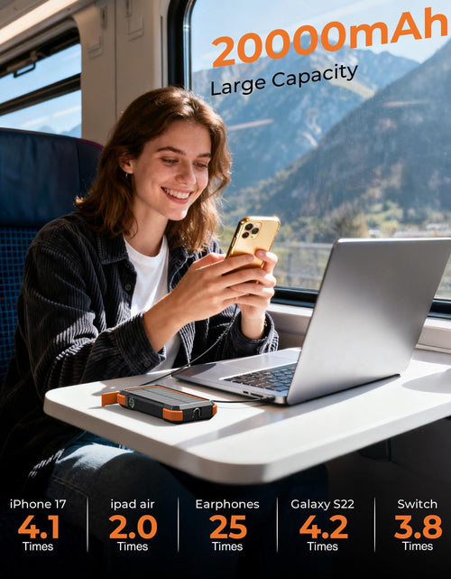 Load image into Gallery viewer, Solar Power Bank, 𝗣𝗗𝟭𝟴𝗪 𝐐𝐂𝟑.𝟎 Fast Charging 10W Wireless Charger 20000Mah Solar Powered Powerbank with Type C Input/Output, IPX5 Waterproof, Camping Flashlight, Compass, Carabiner
