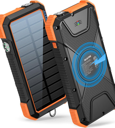 Solar Power Bank, 𝗣𝗗𝟭𝟴𝗪 𝐐𝐂𝟑.𝟎 Fast Charging 10W Wireless Charger 20000Mah Solar Powered Powerbank with Type C Input/Output, IPX5 Waterproof, Camping Flashlight, Compass, Carabiner