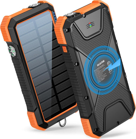 Solar Power Bank, 𝗣𝗗𝟭𝟴𝗪 𝐐𝐂𝟑.𝟎 Fast Charging 10W Wireless Charger 20000Mah Solar Powered Powerbank with Type C Input/Output, IPX5 Waterproof, Camping Flashlight, Compass, Carabiner