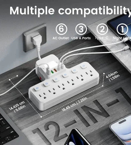 12-in-1 Adjustable Desk Lamp Power Strip – 6 AC Outlets, 3 USB-A & 2 Type-C Ports, Surge Protection
