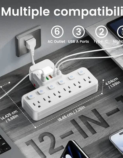 Load image into Gallery viewer, 12-in-1 Adjustable Desk Lamp Power Strip – 6 AC Outlets, 3 USB-A &amp; 2 Type-C Ports, Surge Protection
