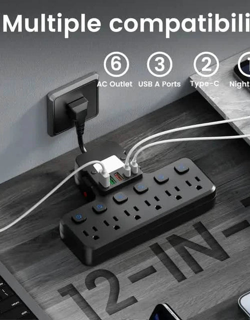 Load image into Gallery viewer, 12-in-1 Adjustable Desk Lamp Power Strip – 6 AC Outlets, 3 USB-A &amp; 2 Type-C Ports, Surge Protection
