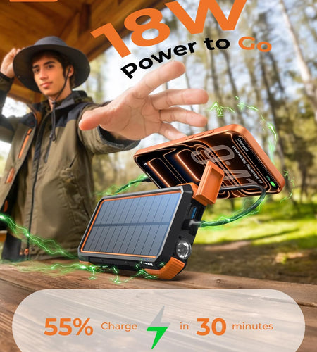 Solar Power Bank, 𝗣𝗗𝟭𝟴𝗪 𝐐𝐂𝟑.𝟎 Fast Charging 10W Wireless Charger 20000Mah Solar Powered Powerbank with Type C Input/Output, IPX5 Waterproof, Camping Flashlight, Compass, Carabiner